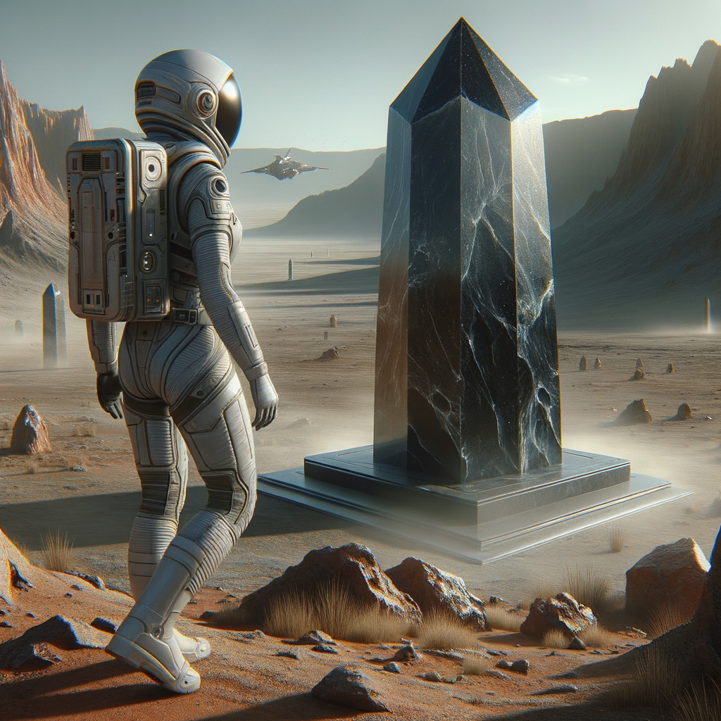 Astronaut on Rocky Landscape with Black Monolith