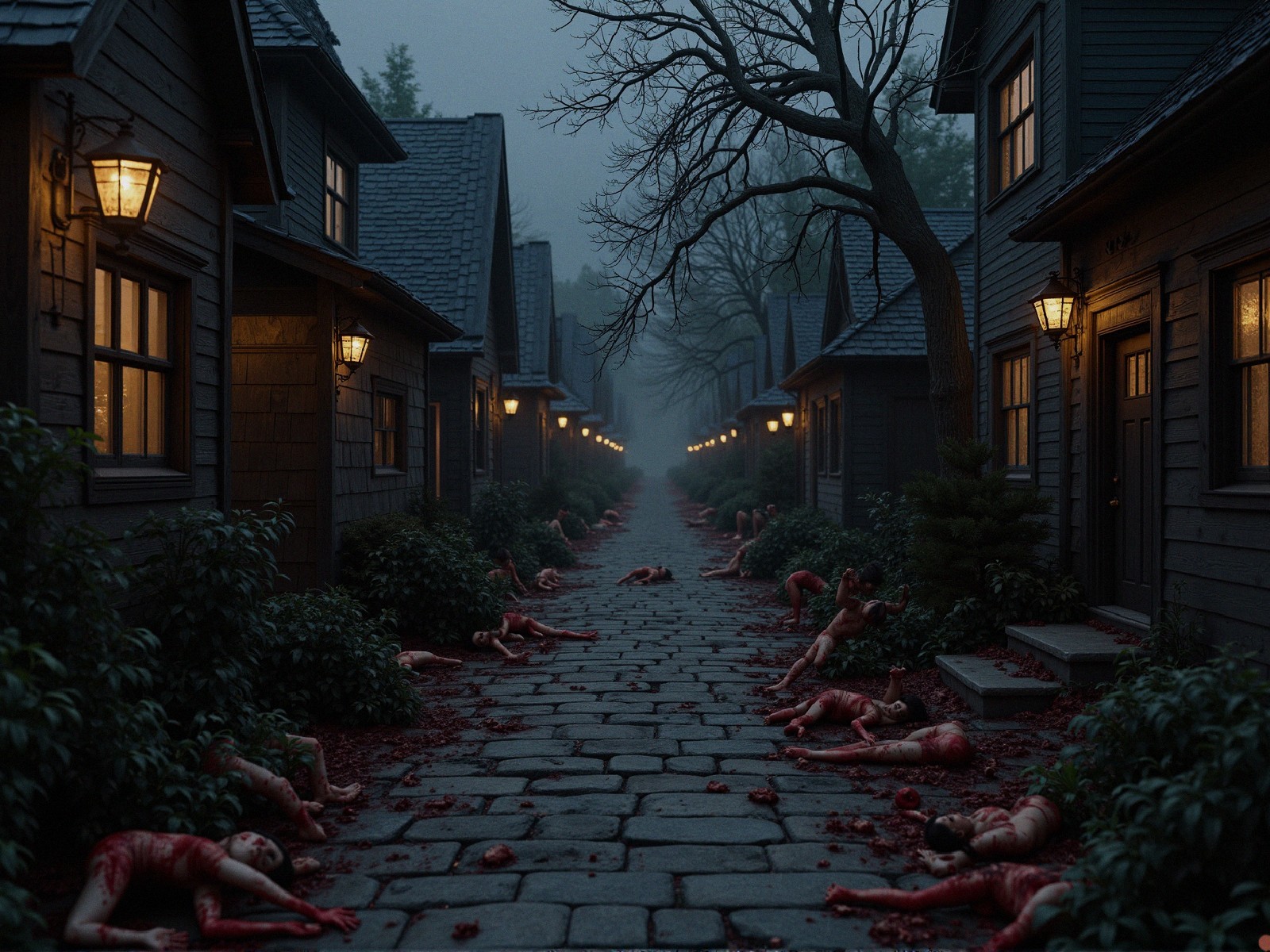 Cobblestone Pathway with Lanterns and Lifeless Figures