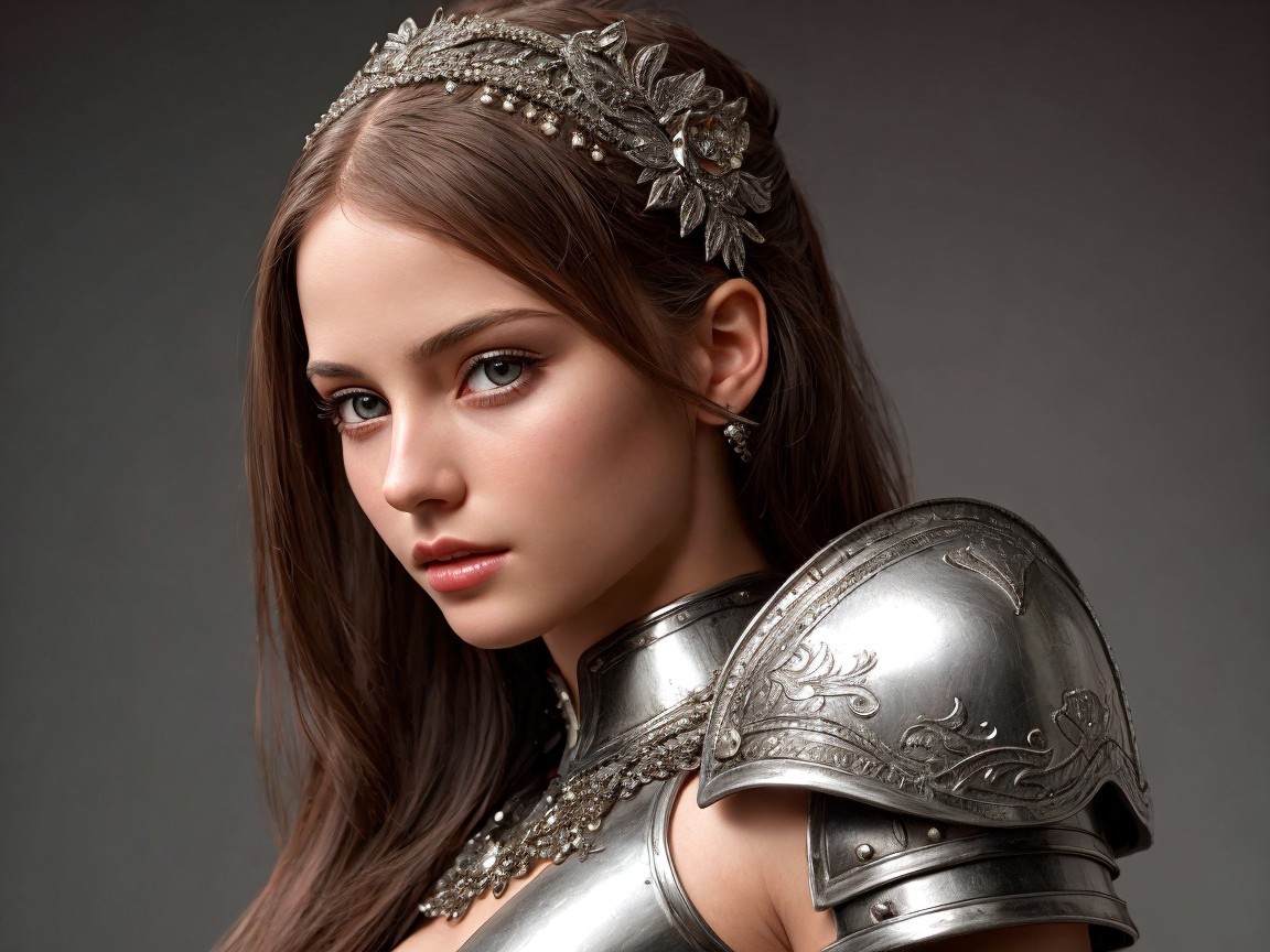 Portrait of a Young Woman in Intricate Silver Armor