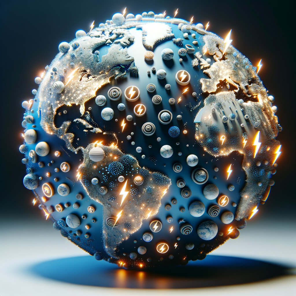 Stylized Globe with Celestial Bodies and Energy Symbols