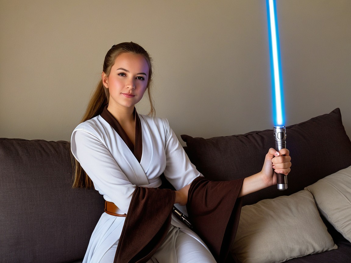 Young woman in Jedi-inspired outfit with lightsaber