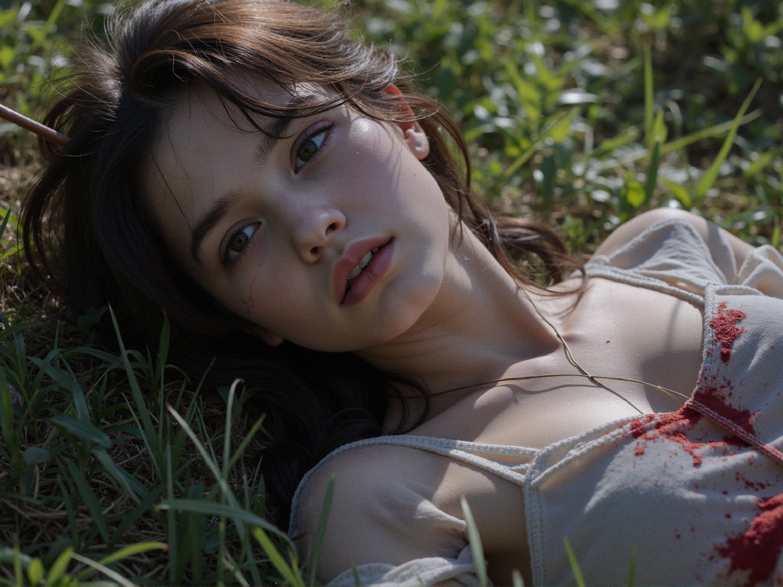 Young woman on grass with serene expression and bloodstains