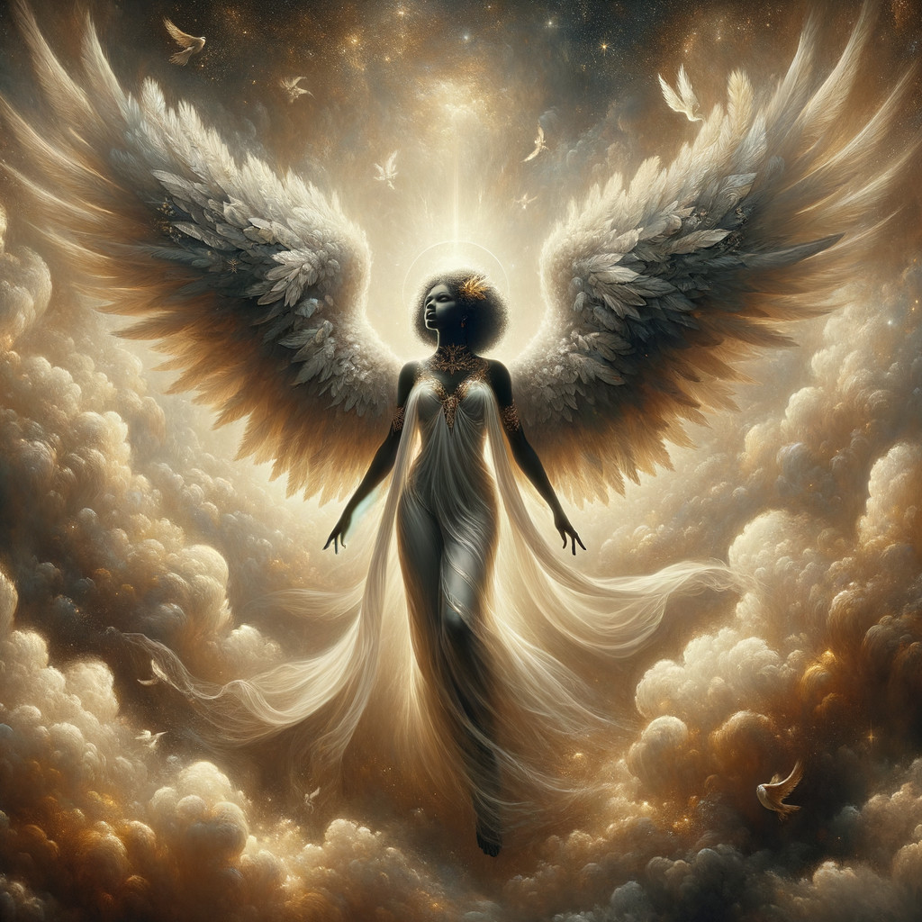 Celestial Figure with Radiant Wings Above Ethereal Clouds