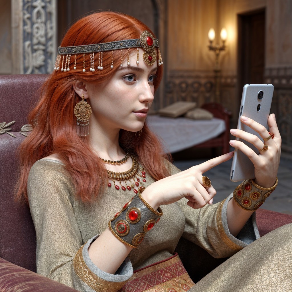 Young woman in ornate room with smartphone and gown