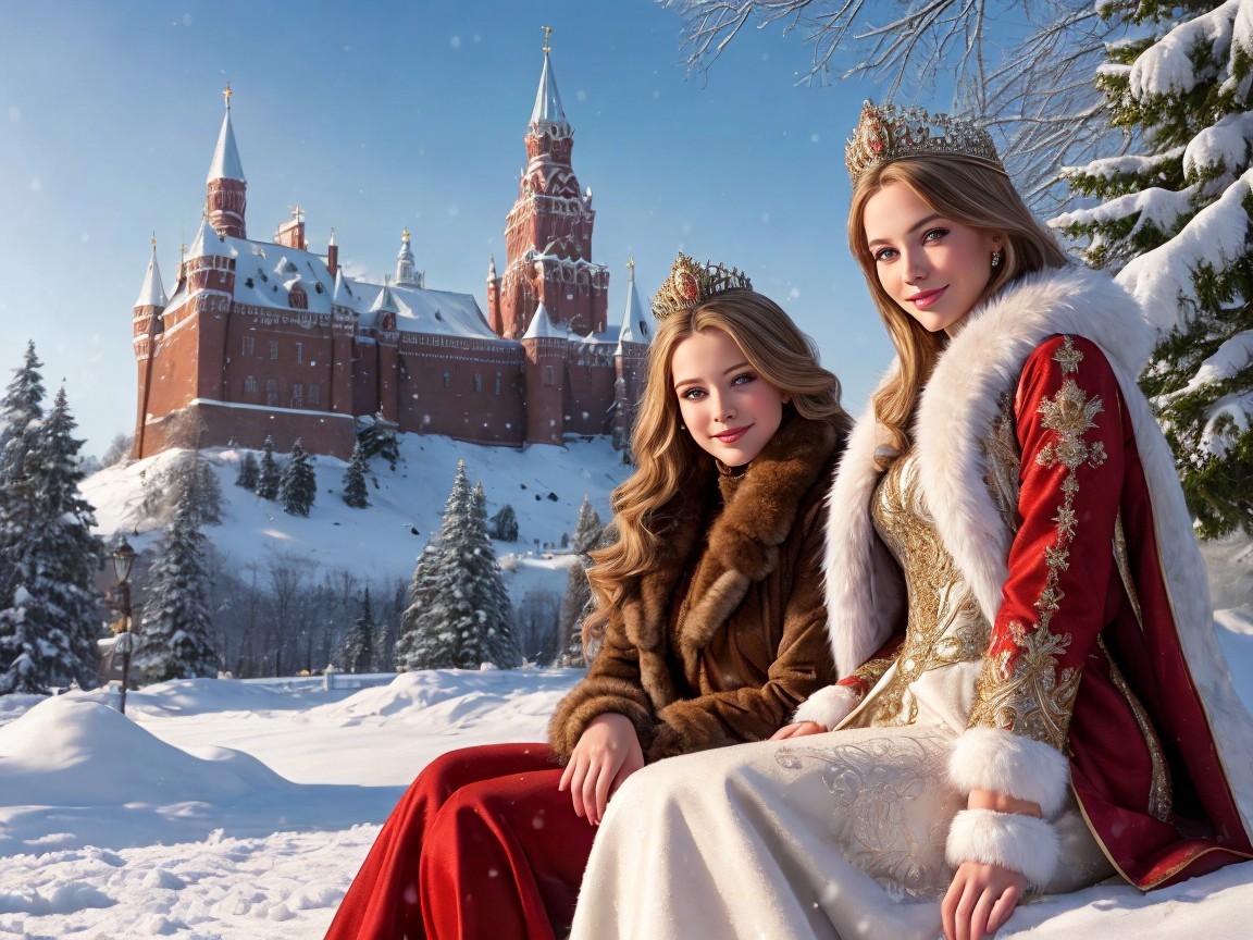 Elegant Women in Winter Attire in Snowy Landscape