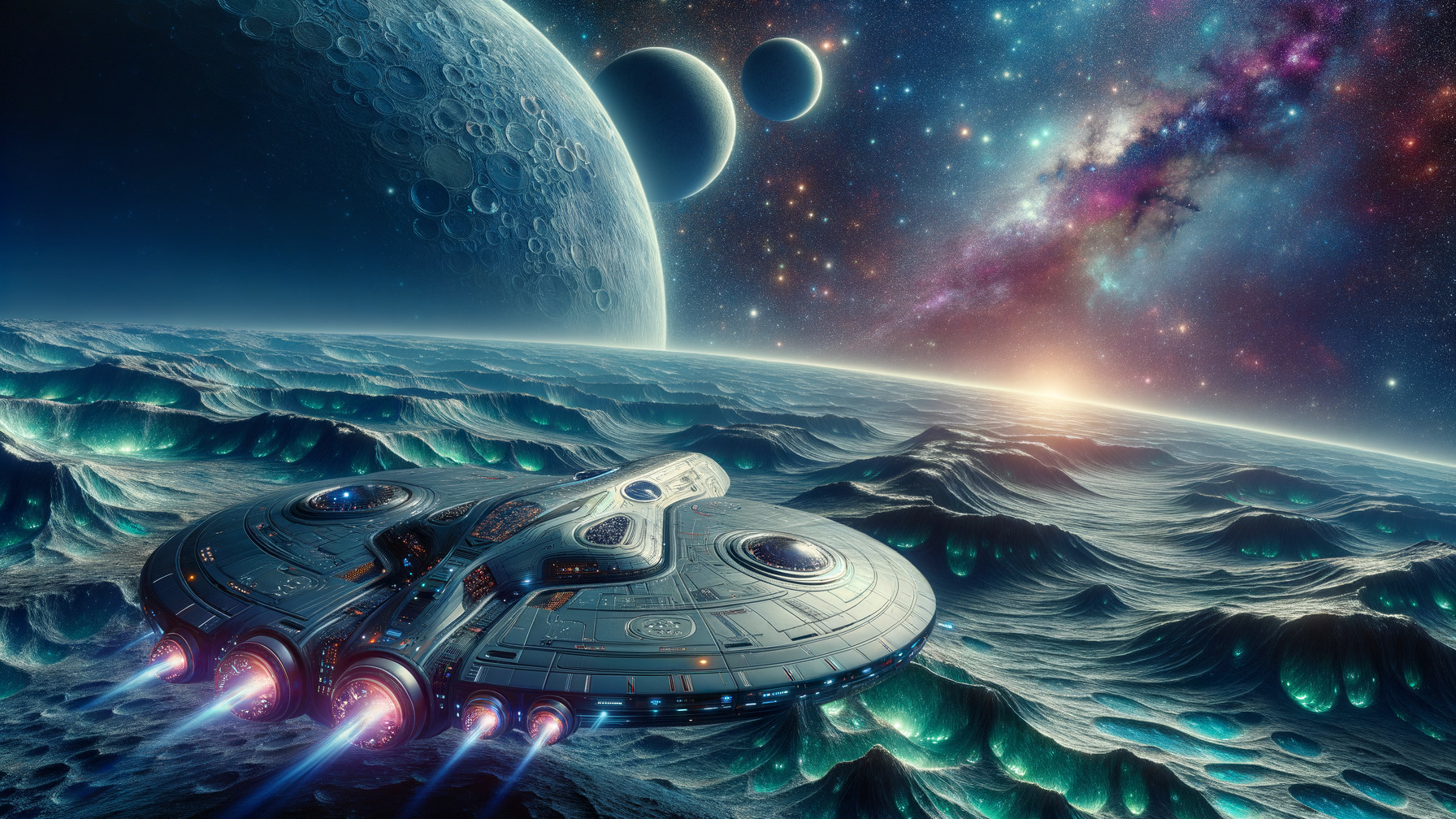 Futuristic Spaceship Over Alien Ocean and Galaxy