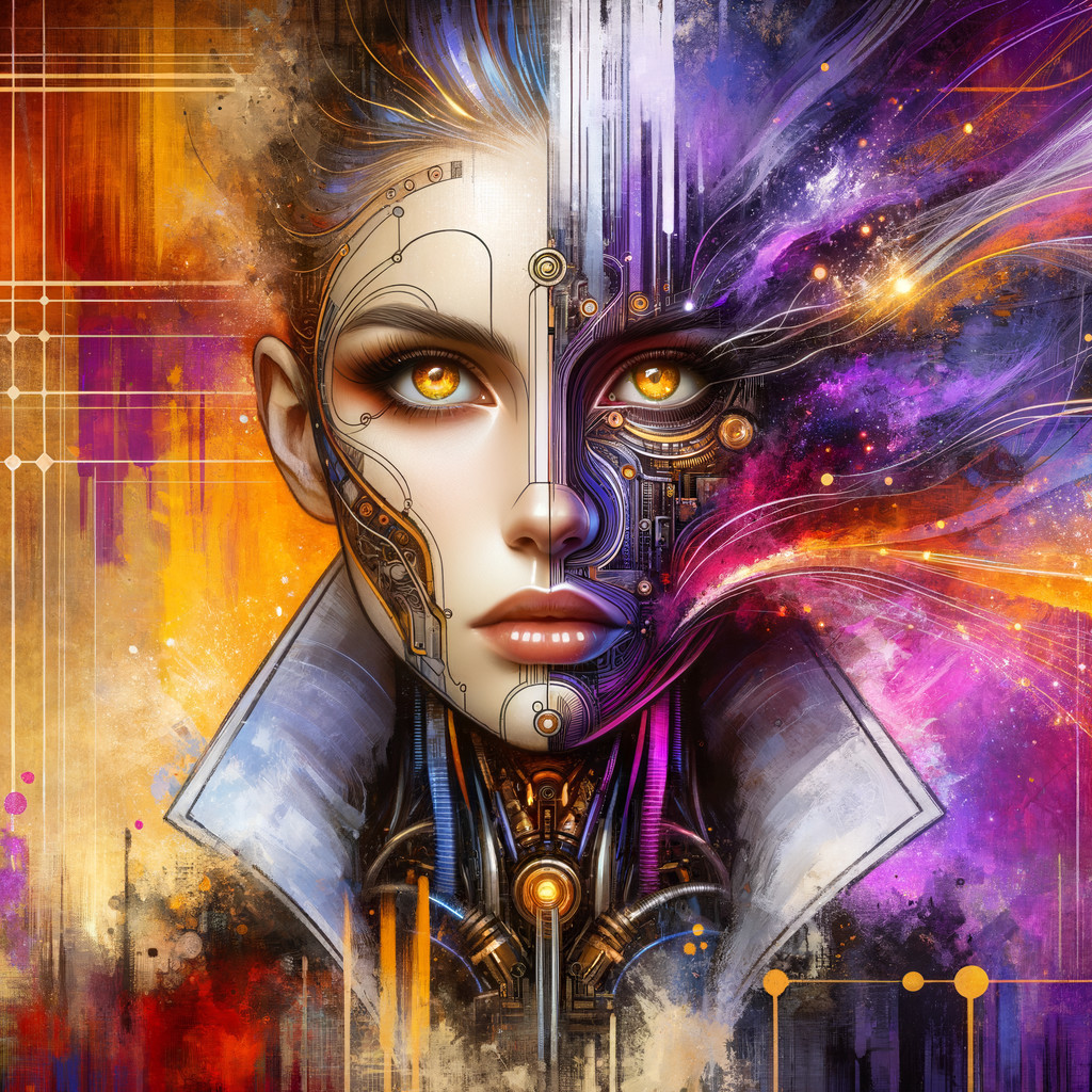 Futuristic Female Face with Circuitry and Cosmic Patterns