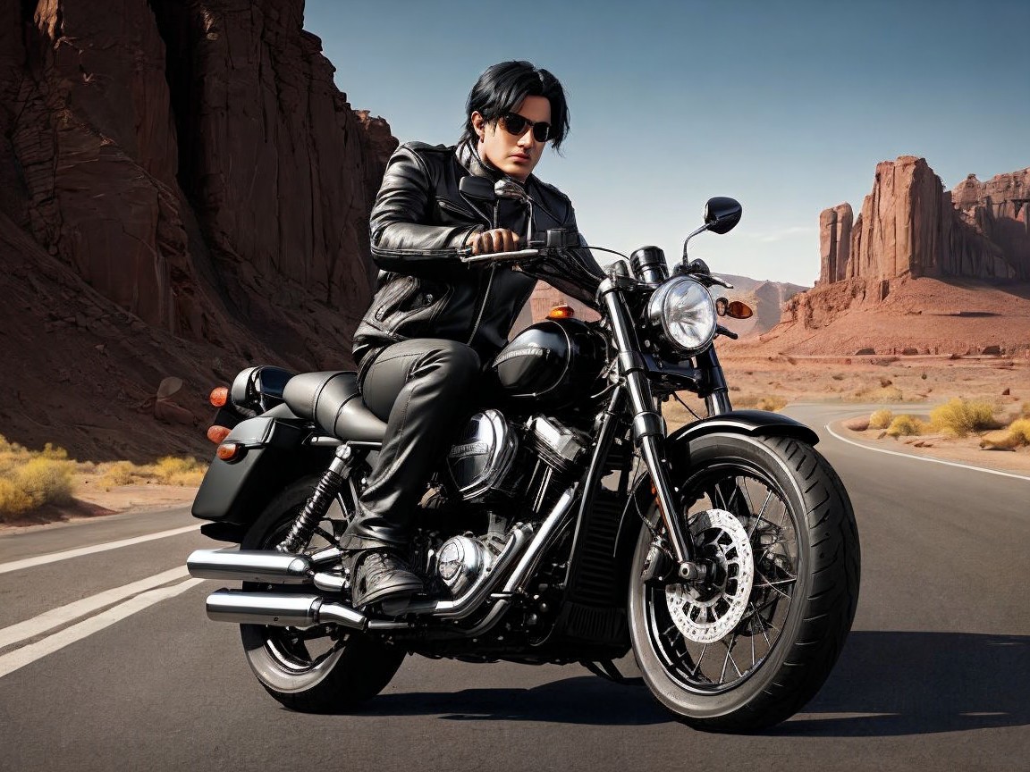 Rider on Motorcycle in Desert Landscape with Red Rocks