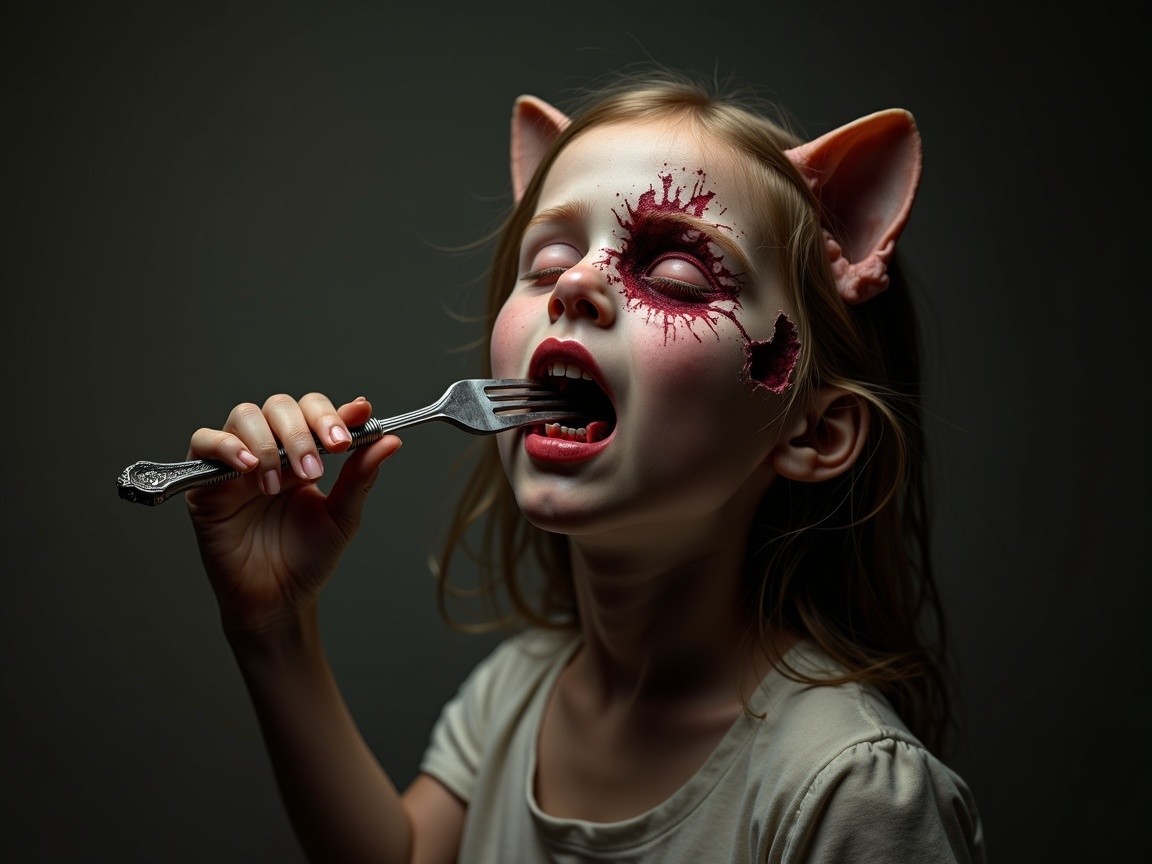 Young girl with feline ears and spooky makeup