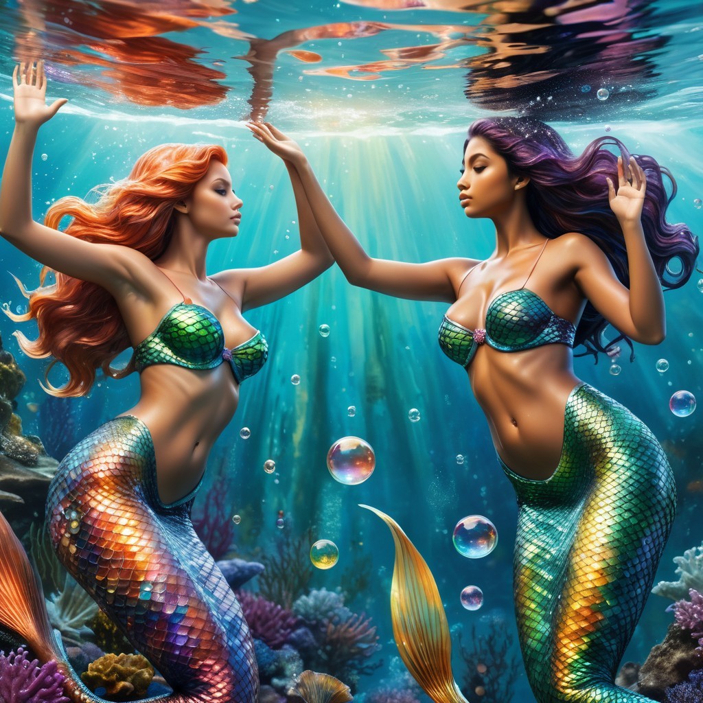 Mermaids Underwater with Coral and Sunlight Effects