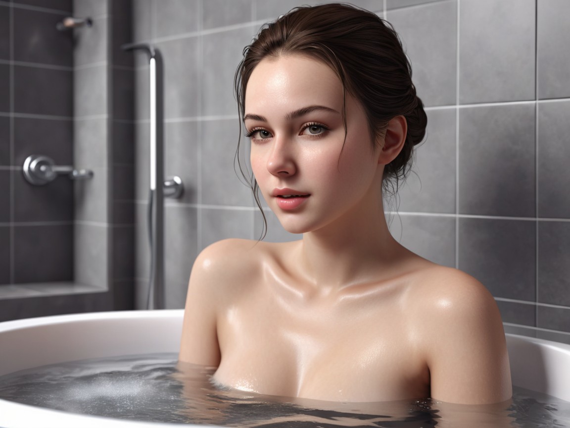 Serene Bathroom Scene with Woman in Modern Bathtub