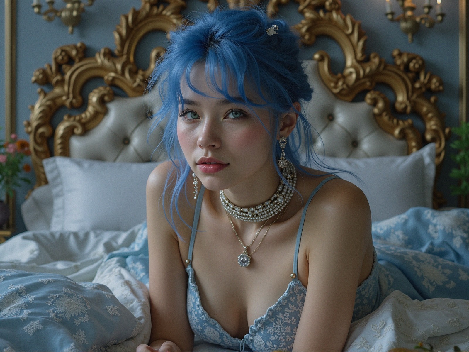 Young woman with blue hair on a luxurious bed