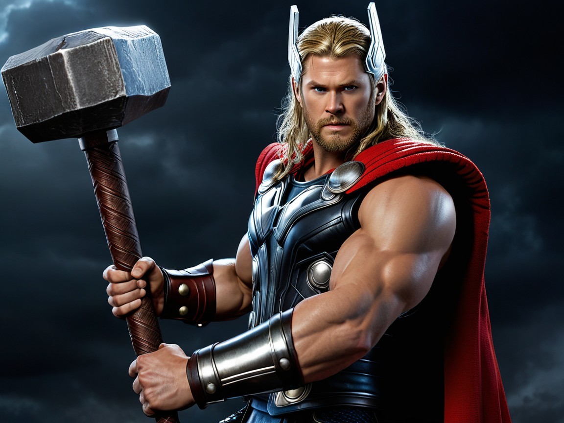 Muscular Warrior in Metallic Armor with Hammer