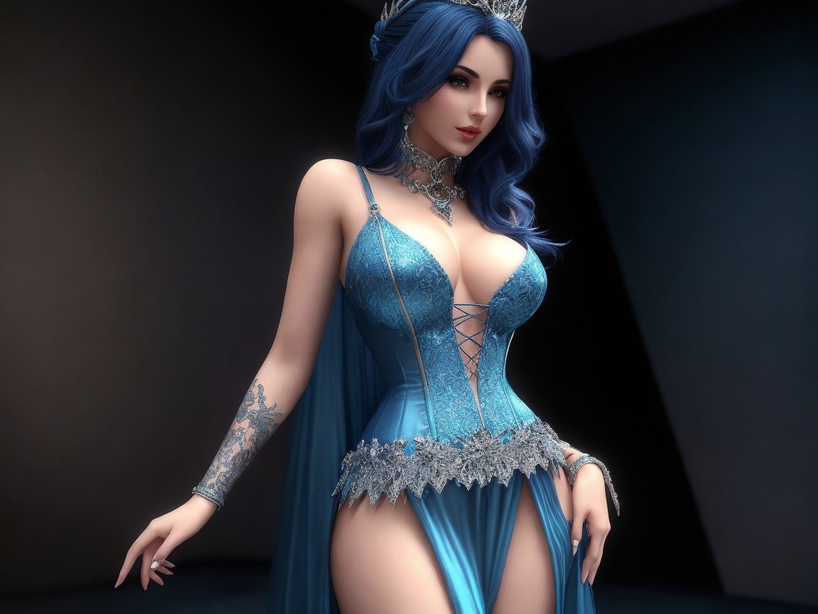 Elegant Figure in Shimmering Blue Gown with Lace