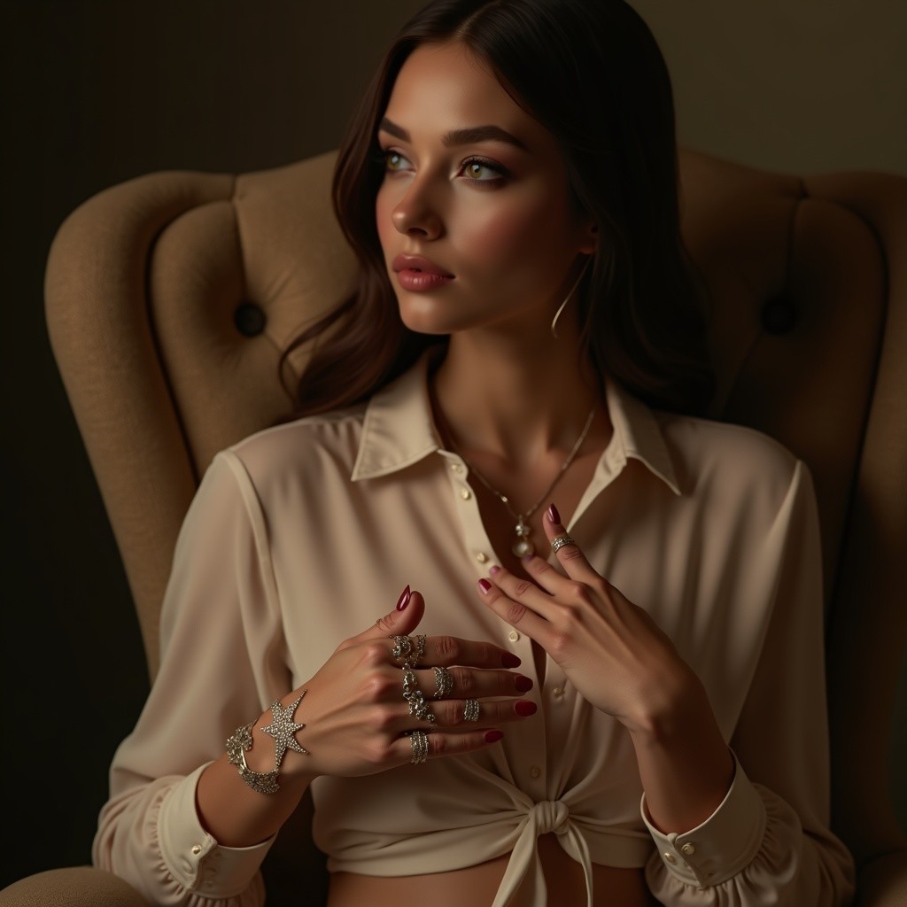 Elegant young woman in plush armchair with accessories