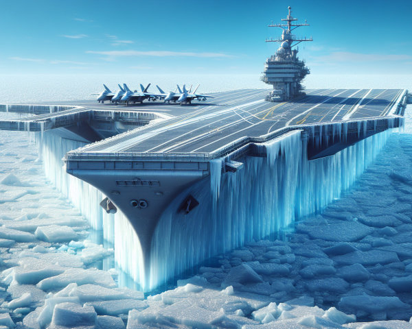 Aircraft Carrier in Icy Seascape with Fighter Jets