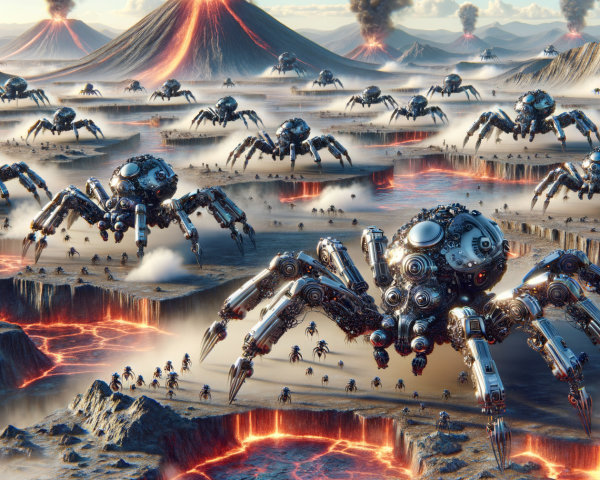 Futuristic Landscape with Robotic Spiders and Volcanoes