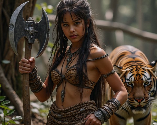 Warrior with Axe in Forest with Stealthy Tiger