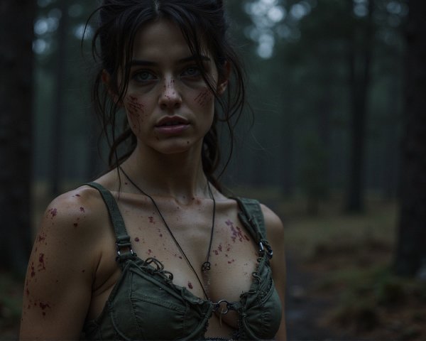 Young Woman in Military Top in Misty Forest Setting