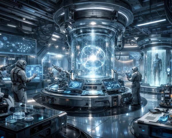 Futuristic Sci-Fi Laboratory with Holographic Interfaces