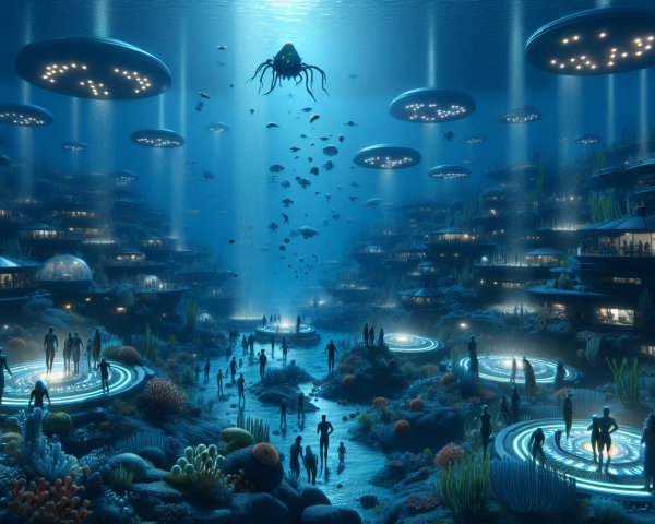Underwater cityscape with coral and bioluminescent life