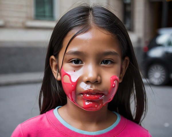 Young girl with red paint in urban street setting