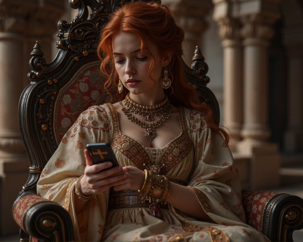 Young Woman in Ornate Chair with Modern Phone