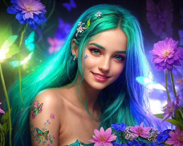 Young woman with teal hair in floral setting
