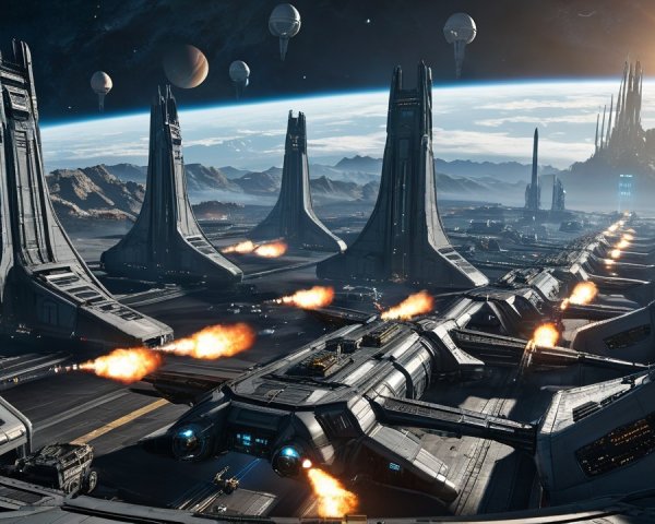 Futuristic Space Scene with Industrial Structure and Planets