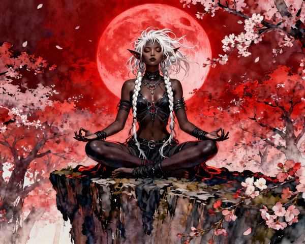 Fantasy Watercolor of Elf Woman Meditating at Night