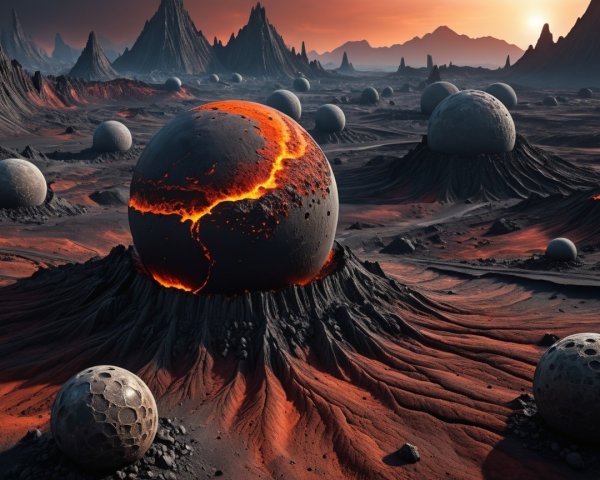 Surreal Alien Landscape with Molten Spheres and Peaks