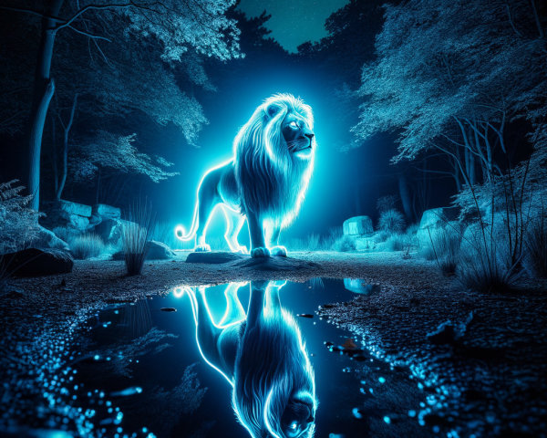Mystical Night Scene with Glowing Lion in Forest