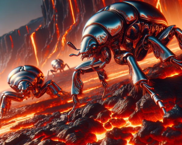 Futuristic robotic beetles on volcanic molten rock