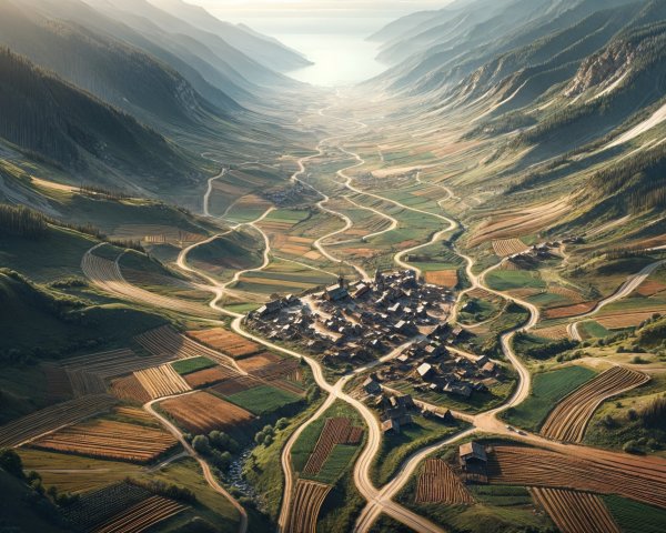 Picturesque Valley with Winding River and Village