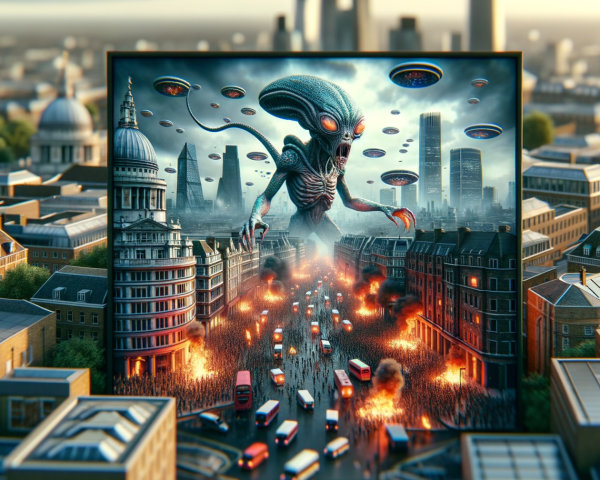 Colossal Alien Figure Overwhelms Cityscape in Chaos