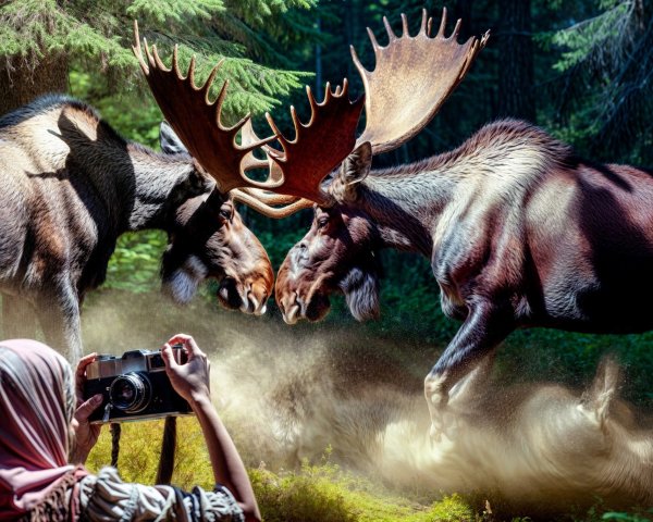 Moose Antlers Locked in Forest Wildlife Scene