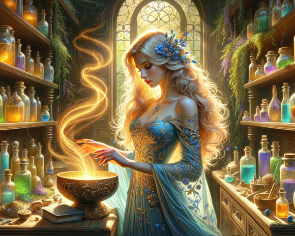 Mystical Apothecary with Colorful Potions and Cauldron