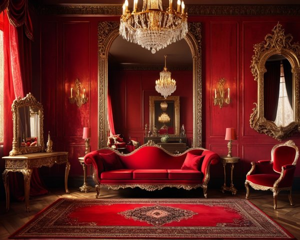 Opulent Room with Red Walls and Golden Accents