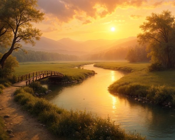 Tranquil Sunset Landscape with River and Bridge