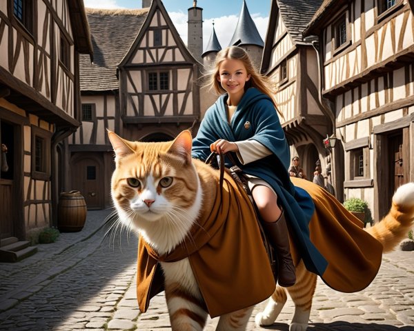 Medieval Village with Girl Riding Fluffy Orange Cat