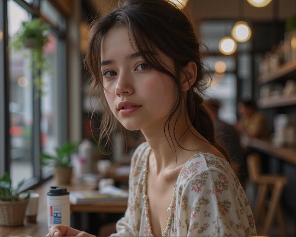 Young woman in cozy café with floral dress and plants