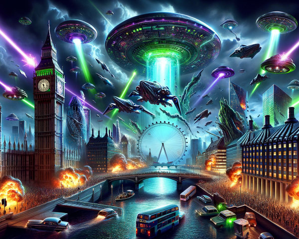 Futuristic Cityscape with Alien Invasion and Chaos