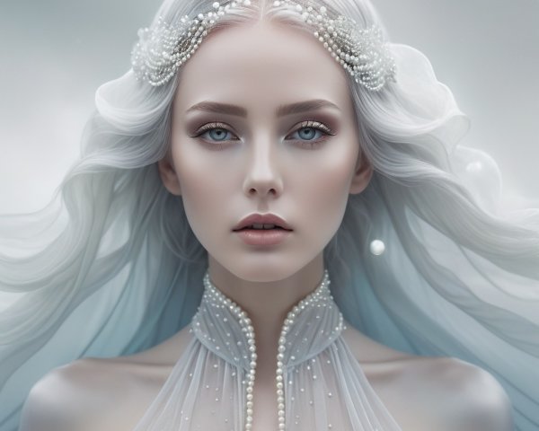 Ethereal figure with flowing white hair and gown