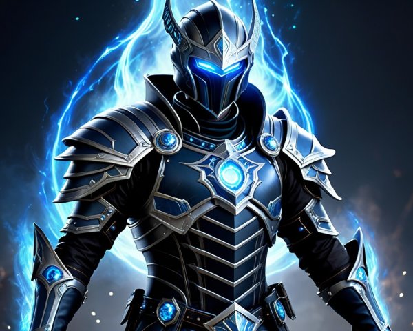 Armored figure in silver and blue with glowing runes
