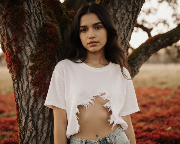 Young Woman in Relaxed Pose by Rustic Tree