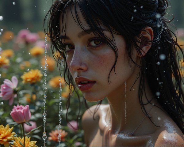 Close-Up Portrait of Young Woman with Flowers