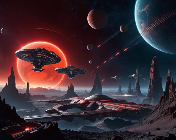 Futuristic Landscape with Alien Wilderness and Spaceships