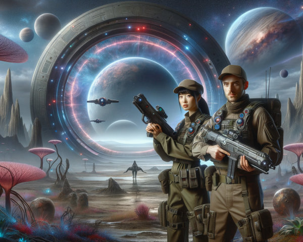 Futuristic soldiers in a vibrant alien landscape