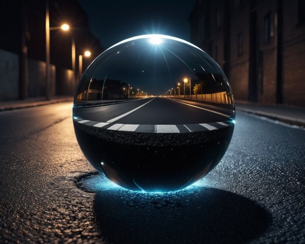 Reflective Sphere on Dark Street at Night