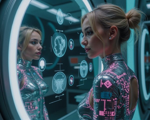 Futuristic Scene with Woman in Metallic Bodysuit